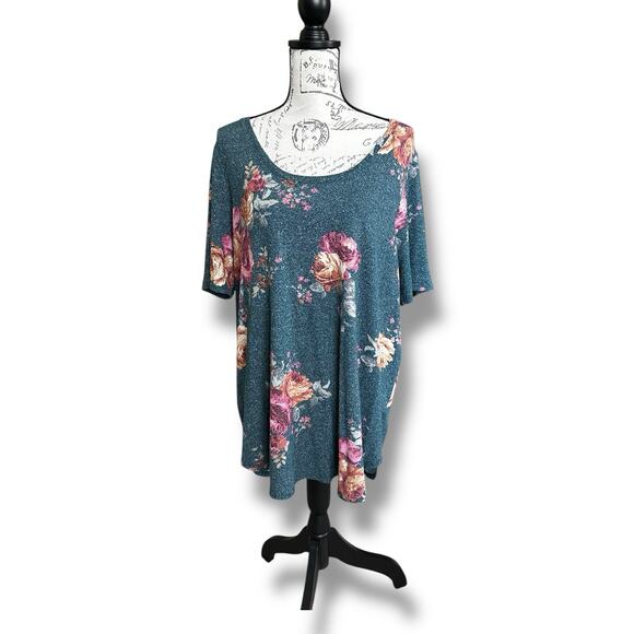 Maurice's 24/7 Plus Scoop Neck Teal Floral Short Sleeve Tunic Blouse Size 1X - Picture 2 of 5